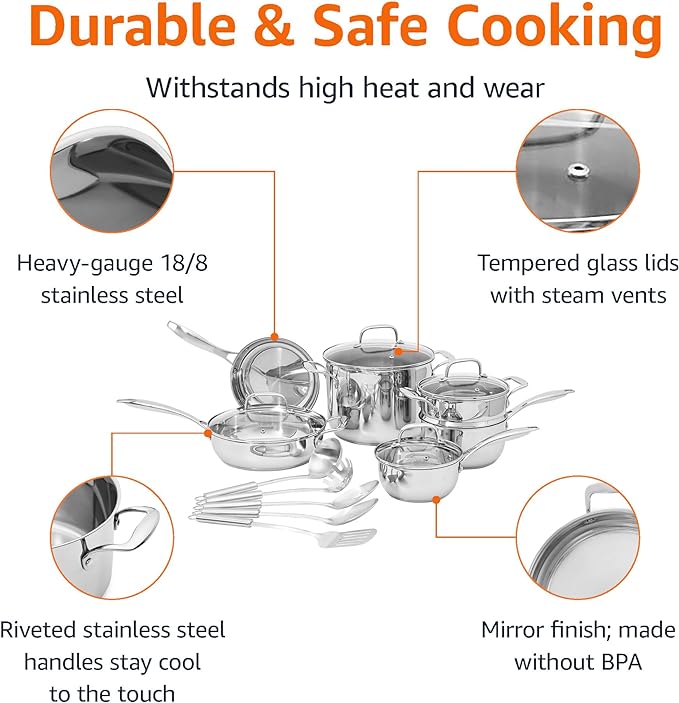 Amazon Basics Stainless Steel Cookware 15-Piece Set, Oven Safe, Pots and Pans, Induction-Ready, Even Heating, Easy to Clean, Heavy Duty, Silver