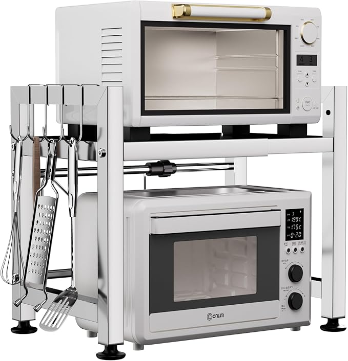 Extendable Microwave Oven Rack, Microwave Shelf Adjustable Over Microwave Stand Countertop 2-Tier Stainless Steel Organizing Rack with 4 Hooks for Kitchen Utensils Tableware Storage