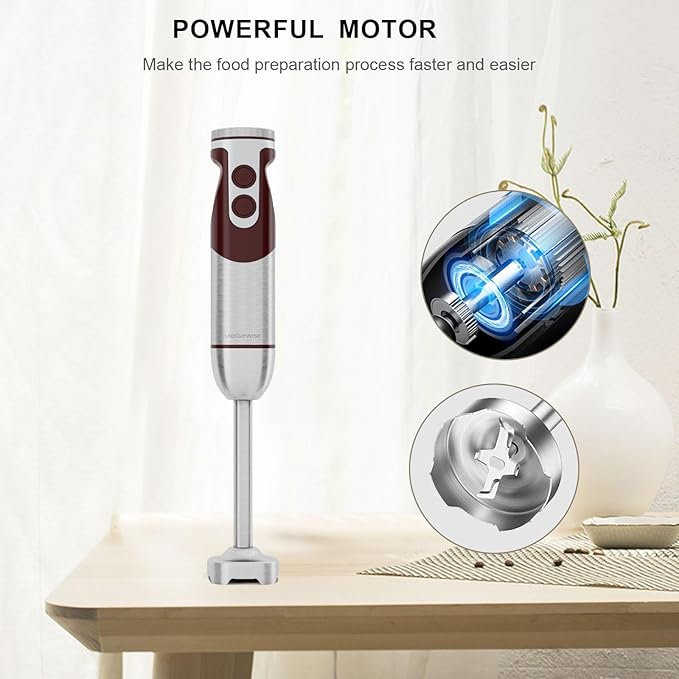 MegaWise 5-in-1 Immersion Hand Blender Set with Variable Speed, 400W, Stainless Steel - Includes Chopper, Whisk, Milk Frother, and Beaker - Ideal for Soups, Smoothies, Baby Food & More (RED)