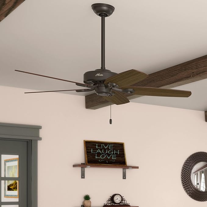 Hunter 52 inch Indoor Ceiling Fan No Light with Pull Chain - Bronze Ceiling Fan without Light, Standard Mount, 5 Blades, For Bedroom, Living Room, or Kitchen - Builder Elite 53242, New Bronze