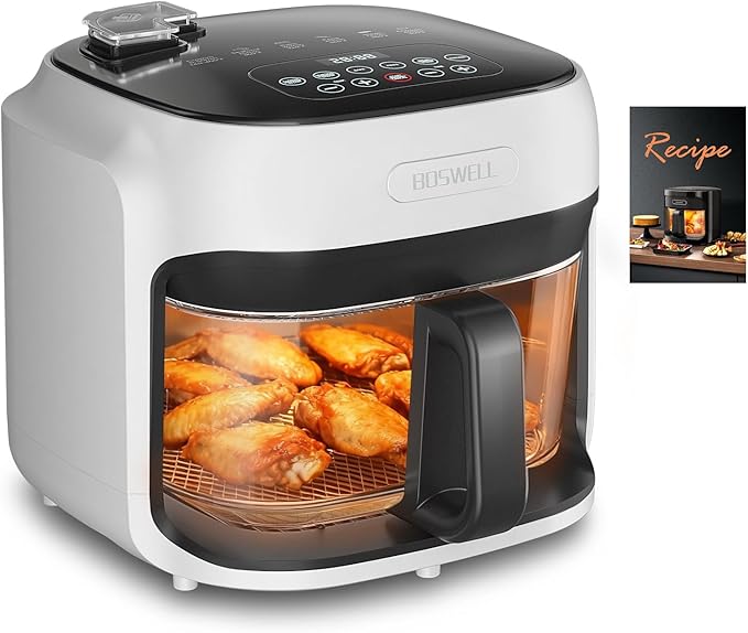 BOSWELL Steam Glass Air Fryer, 7.5QT Borosilicate Bowl with Circulating Heat, Digital Touchscreen, 400°F Max Temp, Oil-Free Fryer with Mist Function, Dishwasher Safe (White)