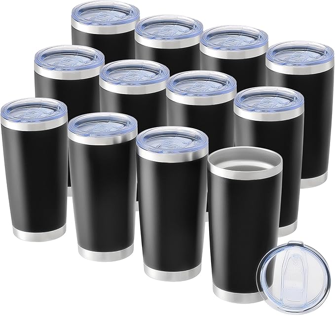 OMTech 20oz Tumblers Bulk, 12pc Stainless Steel Tumbler Set with Lid & Straw, Double Wall Vacuum Insulated Mug for Laser Engraver, Travel Coffee Mug for Hot & Cold Drinks, Black Powder Coated Cup