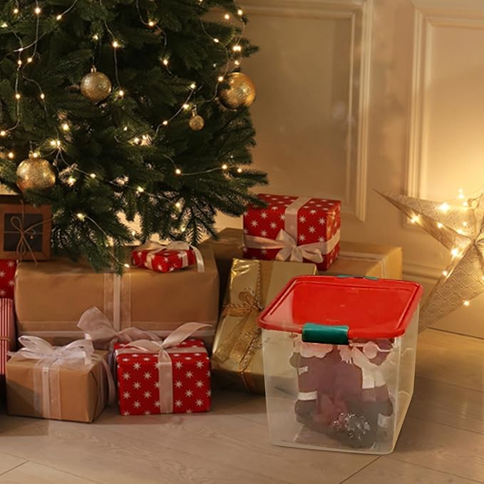 HOMZ 4-Pack Holiday Tote, Plastic Storage Organizer Bins with Lids, 31 Quart, Clear/Red - Stackable Organizing Containers for Home, Garage, and Office