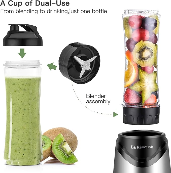 La Reveuse Smoothies Blender Personal Size 300 Watts with 18 oz BPA-Free Portable Travel Sports Bottle, Silver