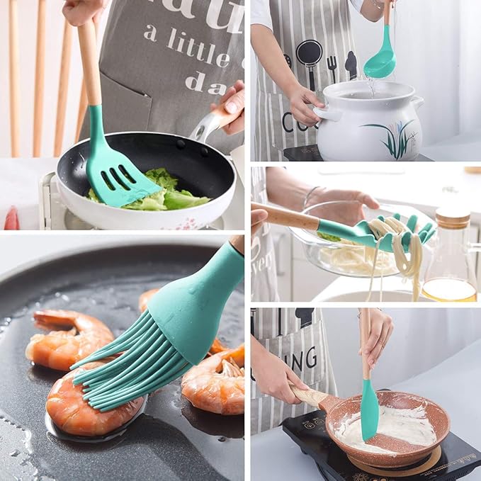 MIBOTE Silicone Cooking Kitchen Utensils Set with Holder, Wooden Handles Cooking Tool BPA Free Turner Tongs Spatula Spoon Kitchen Gadgets Set for Nonstick Cookware (Teal)