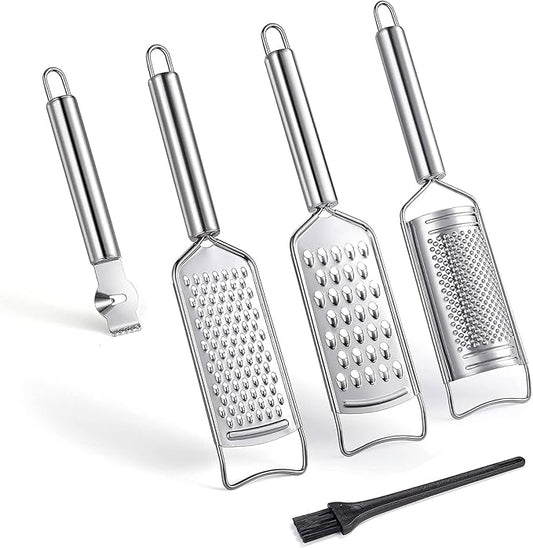 Tongjude Stainless Steel Cheese Grater Set, Set of 5 Kitchen Grater & Peeler & Slicer, Lemon Zester with Cleaning Brush for Vegetable, Fruit, Chocolate