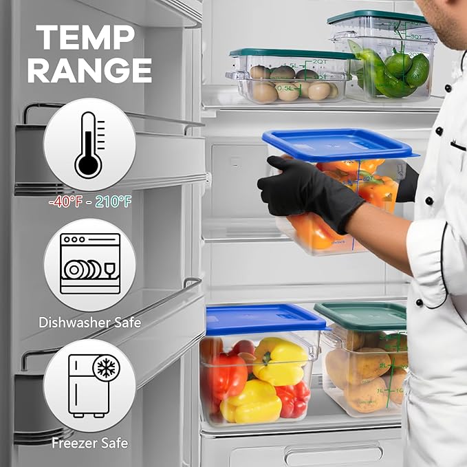 4 Pack Food Storage Containers with Blue Lids, 6.0 Qt - Square, Clear, Polycarbonate