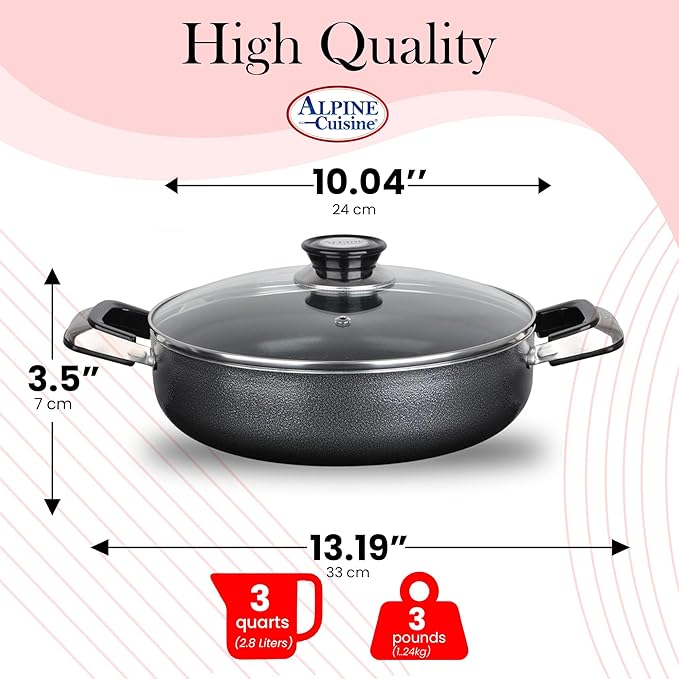 Alpine Cuisine 3 Quart Non-stick Caldero Stock Pot with Tempered Glass Lid and Carrying Handles, Multi-Purpose Cookware Aluminum Dutch Oven for Braising, Boiling, Stewing