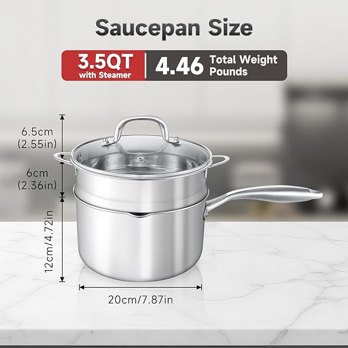 3.5 Quart Stainless Steel Saucepan with Steamer Basket, Tri-ply Full Body, Multipurpose Sauce Pot with Two-Size Drainage Holes Lid, Perfect For Boiling Gravies, Pasta, Noodles