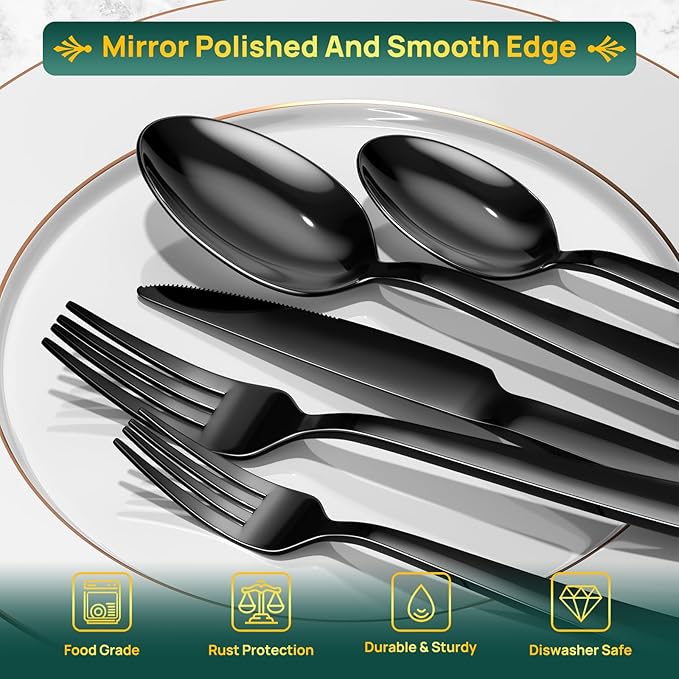 40 Pieces Black Silverware Set,Premium Stainless Steel Flatware Set For 8, Yoehka Mirror Polished Tableware Cutlery Set For Home And Restaurant, Include Knife/Spoon And Fork, Dishwasher Safe
