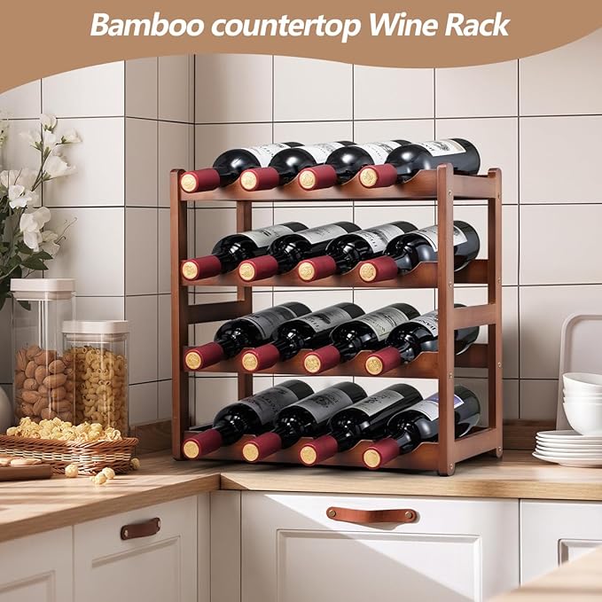 Bamboo Wine Rack,4 Tier, Wine Bottle Holder, Hold 16 Bottles for Home Kitchen, Dinging Room, Pantry, Cabinet, Bar