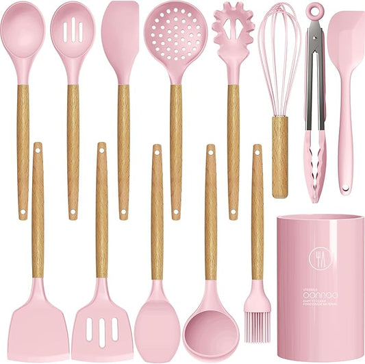 Silicone Kitchen Utensils Set - 446°F Heat Resistant Cooking Utensil Sets, Spatula,Turner,Tongs,Spoon,Brush,Whisk, Wooden Handle Silicone Kitchen Gadgets Tools for Non-Stick Cookware BPA Free (Pink)