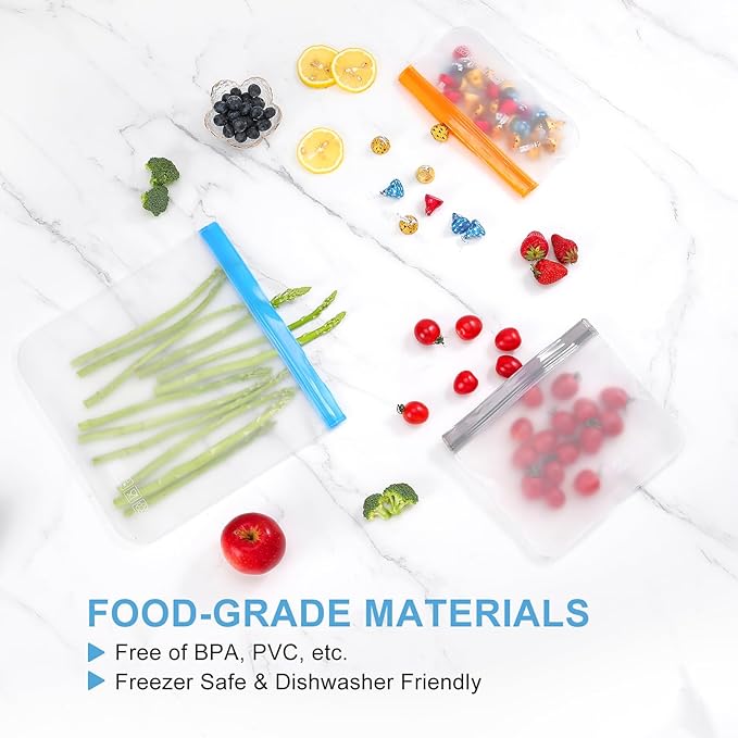 Lerine 14 Pack Reusable Sandwich Bags Dishwasher Safe, BPA Free Food Storag Bags, Extra Thick Leakproof Reusable Quart Freezer Bags for Cereal, Lunch, Vegetables, Fruits (Gray, 14Sandwich)