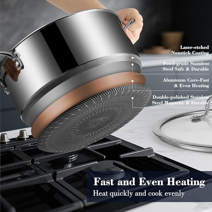 Tri-Ply Stainless Steel Stock Pot, 5 Quart Pot with Lid - Non Stick Pots -Induction Ready, Cooking Pots with Lids, Cool Handles, Dishwasher (Stainless Steel, 8PCS)