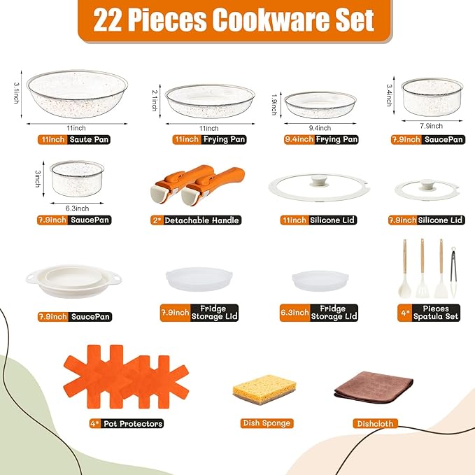 Ceramic Cookware Sets, Pots and Pans Set Nonstick, 22Pcs Induction Cookware, Non-toxic Healthy Non Stick Kitchen Cooking Set with Detachable Handles, PFAS PTFE PFOA PFOS Free (Orange)