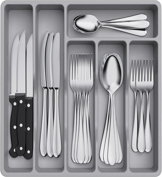 Lifewit Silverware Drawer Organizer Tray, Plastic Cutlery Storage for Kitchen Drawer, Flatware and Utensil Holder Divider for Spoons Forks Knives Tableware, 6 Compartment, Gray
