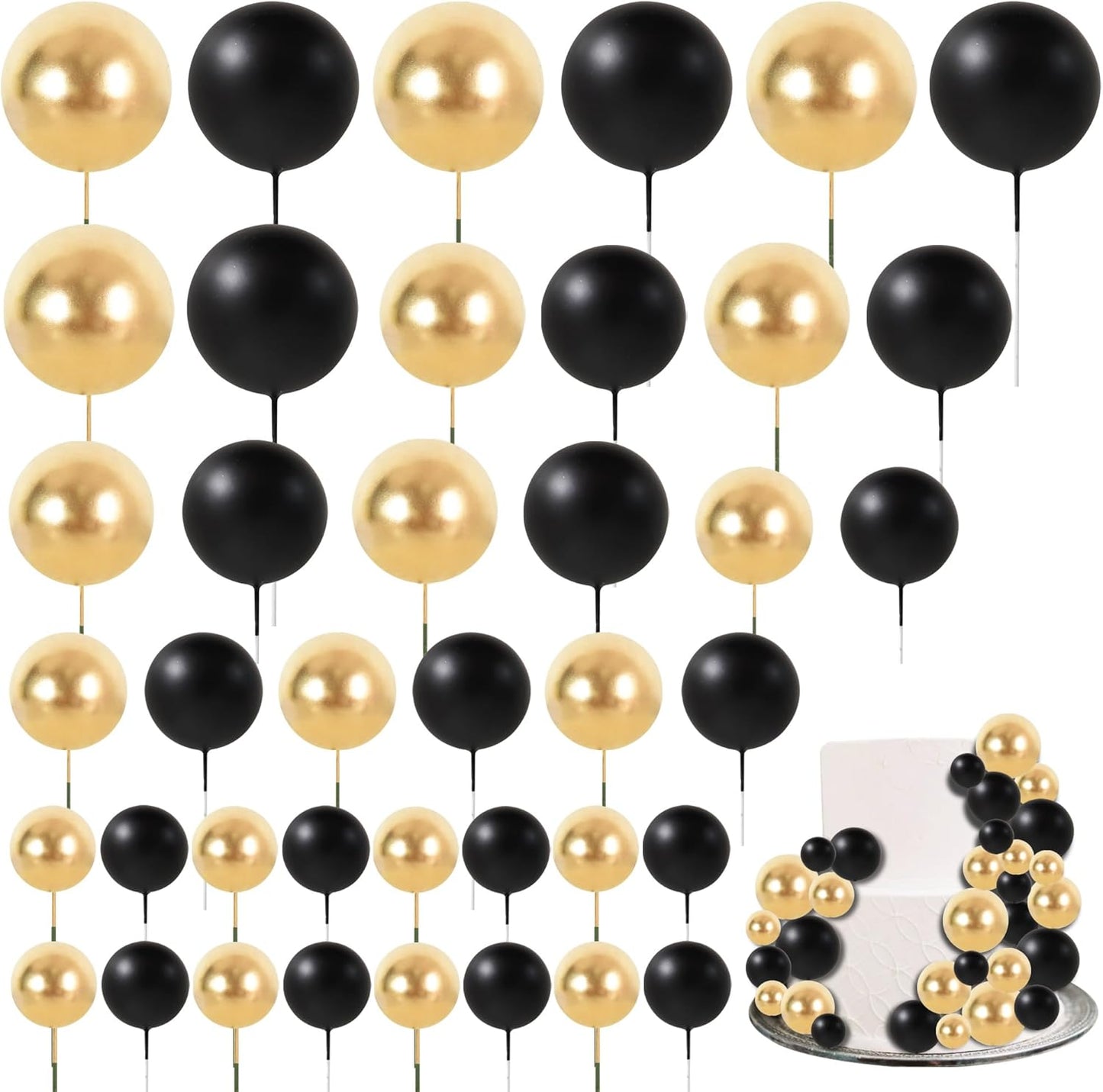 BEISHIDA 40 Pcs Ball Cake Toppers Mini Balls Cake Decorations Black Gold Foam Balls Sticks DIY Cake Topper for Baking Congrats Grade 2025 Graduation Birthday Retirement Party Decorations (Black Gold)