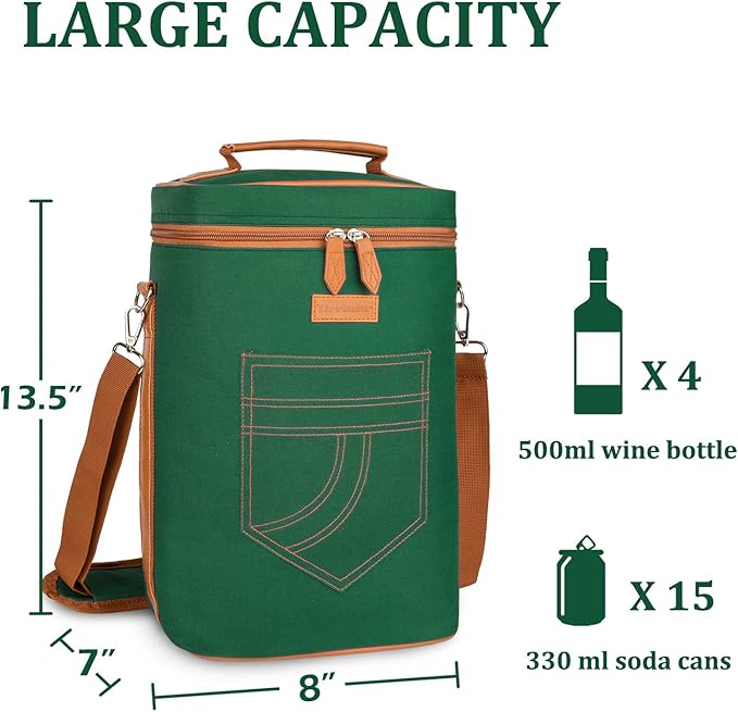 Tirrinia 4 Bottle Wine Gift carrier - Insulated & Padded Portable Wine Carrying Cooler Tote Bag for Travel, BYOB Restaurant, Wine Tasting, Party,Gift for Wine Lovers, Green
