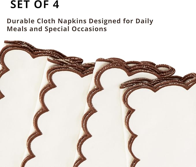 PurpleEssences Scalloped Embroidery Cloth Napkins Christmas Holiday Winter Table Decor 100% Cotton Set of 4-18 x 18 inch - Beige - Edges - Brown