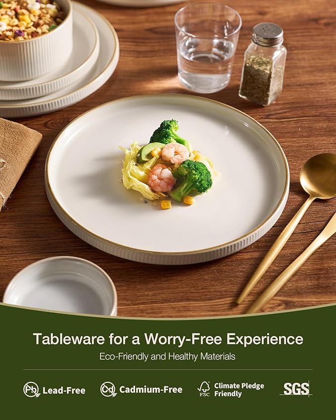 famiware Star Dinnerware Set, Plates and Bowls Sets for 4 (12pcs), Ribbed Stoneware Dishes - Chip & Scratch Resistant, Microwave & Dishwasher Safe Tableware, White