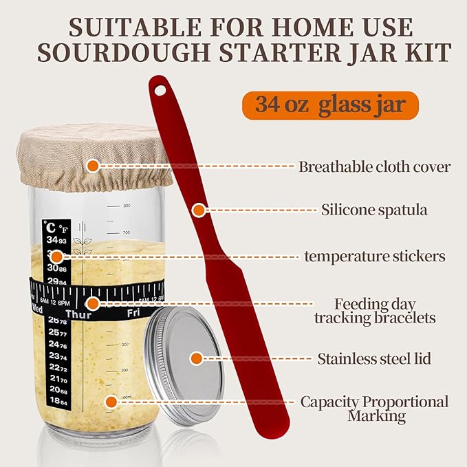 Sourdough Starter Kit, 34oz Large Sourdough Starter Jar Glass 2Pack, Sourdough Bread Baking Supplies, Fermentation Jar Bread Making Tools, Wide Mouth Glass Jar for Sourdough Bread Loaf Flour