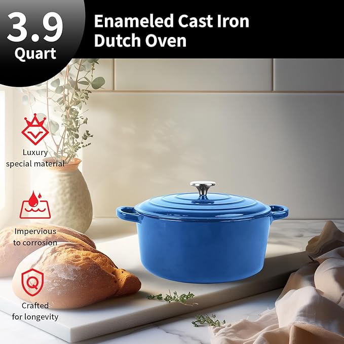 Enameled Cast Iron Dutch Oven Pot with Lid, 3.9 Quart Dutch Oven for Bread Baking, Oven Safe up to 500° F, Suitable for Bread Baking, Braising, Roasting, Stews, Blue