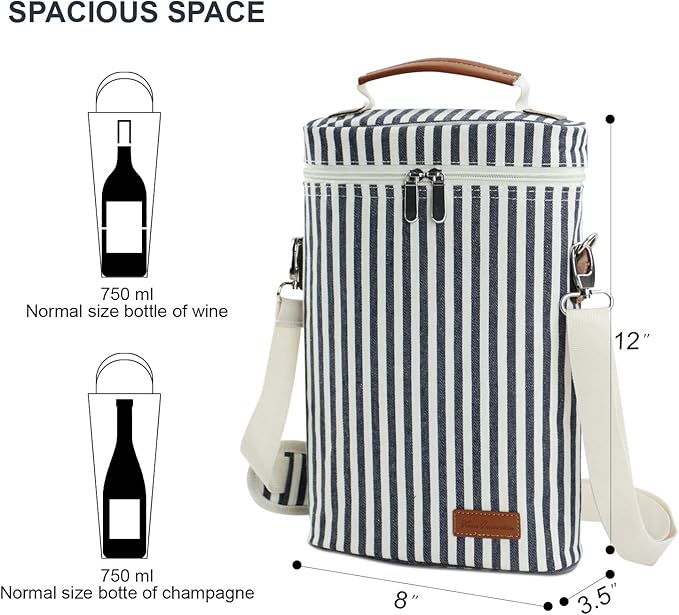 ZORMY 2 Bottle Wine Tote Carrier, Dark Blue, 750 mL Capacity, Polyester Material, With Shoulder Strap and Corkscrew