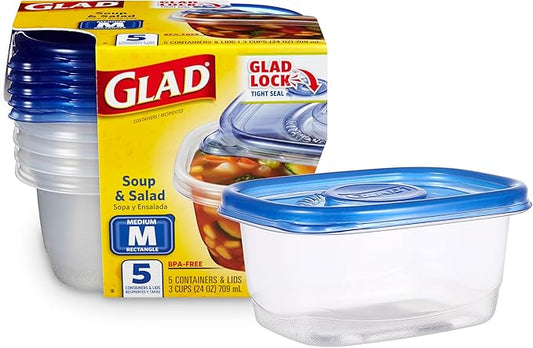 GladWare Soup & Salad Everyday Use, Medium Rectangle Storage, Standard, 24 Oz, 5 Count