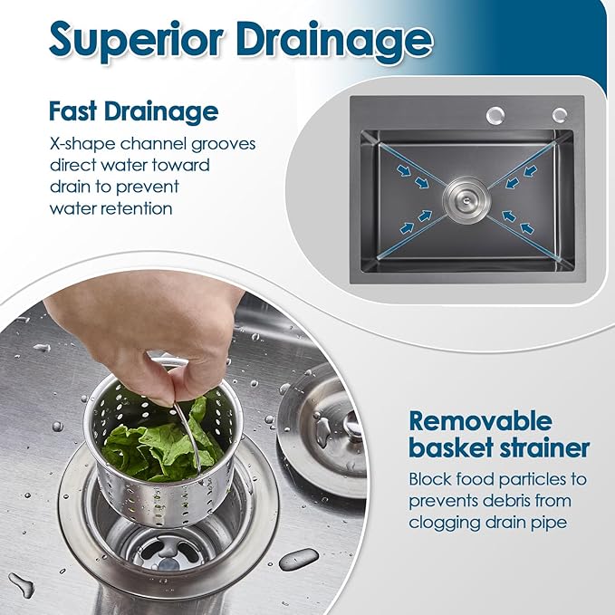 ROVOGO 20x16x9 in. Kitchen Sink Black Top Mount Single Bowl 2 Hole, 304 Stainless Steel Handmade Drop-in Bar Prep Small Sink