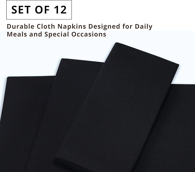 PurpleEssences Set of 12 Cloth Dinner Napkins 100% Cotton 18x18 Inch - Soft Durable Washable - Ideal for Farmhouse Party Christmas Holiday Winter - Perfect Everyday Use Table Linen - Black