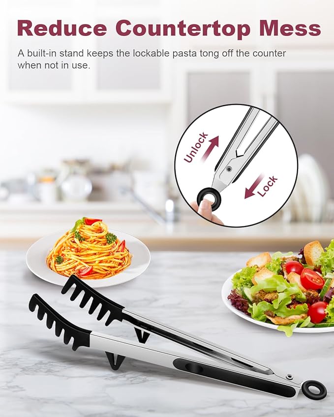 Silicone Spaghetti Spoon and Pasta Tong, Heat-Resistant Noodle Spoon Server, 13“ BPA-Free Spaghetti Strainer, Fork with Teeth and Stainless Steel Handle, Food-Grade Clip for Pasta, Black