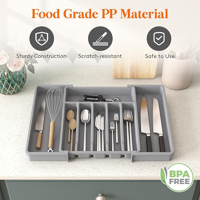 Lifewit Deep Silverware Drawer Organizer for Kitchen, Expandable Utensil Tray, Adjustable Flatware Cutlery Holder, Large Plastic Kitchen Storage for Spoons Forks Knives, 22.4 x 16.7 x 2 inches, Gray