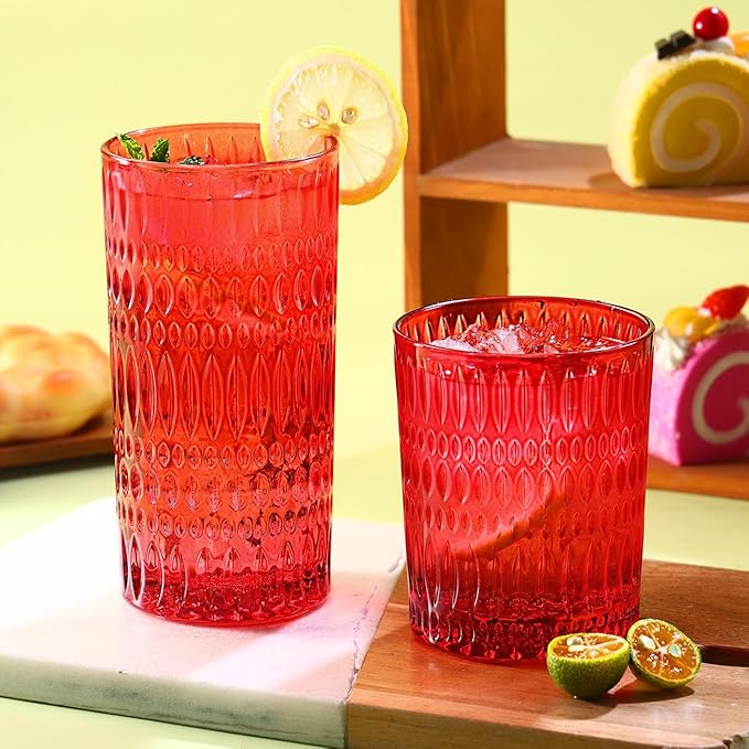 Glassware Drinking Glasses Set of 8, 14 oz Highball Glasses & 10 oz Ribbed Glass Cups, Vintage Glassware for Water, Juice, Cocktail (Christmas Red)