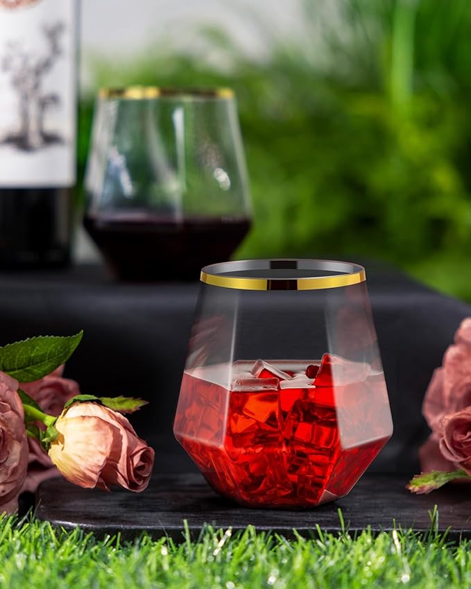 40 PCS Clear & Gold Rim 12 Oz Plastic Wine Whiskey Glasses, Diamond Stemless Unbreakable Disposable Wine Glasses for Party, Ideal for Beach Holidays,Halloween, Christmas, Weddings,Daily Use