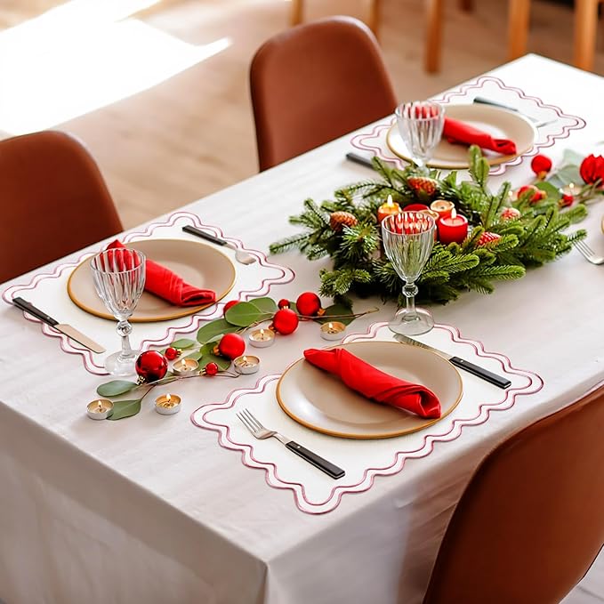 12 Set Linen Placemat 13x19 Wavy Embroidery Scalloped Placemat Double Layered Washable Farmhouse Dinner Table Mat Fabric Napkin for Christmas Hotel Restaurant Wedding Party(Pink)