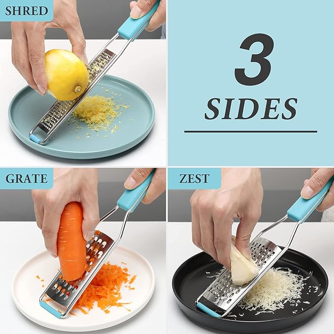 Cambom Lemon Zester Grater Three-piece Suit - Heavy Duty Kitchen Tool for Parmesan Cheese, Ginger, Garlic, Nutmeg, Chocolate, Vegetables，Fruits，Stainless Steel Grater Dishwasher Safe Blue
