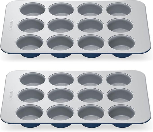 Caraway Non-Stick Ceramic 12-Cup Muffin Pan Duo - Naturally Slick Ceramic Coating - Non-Toxic, PTFE & PFOA Free - Perfect for Cupcakes, Muffins, and More - Navy