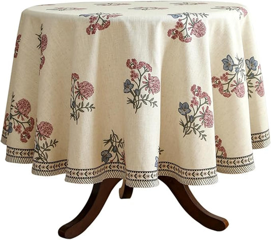 French Tablecloth for Round Tables,Linen Table Cloth with Colorful Flowers Pattern,Heavy Durable Table Cover for Dining Thanksgiving Kitchen Decor Party Christmas,Diameter 55"