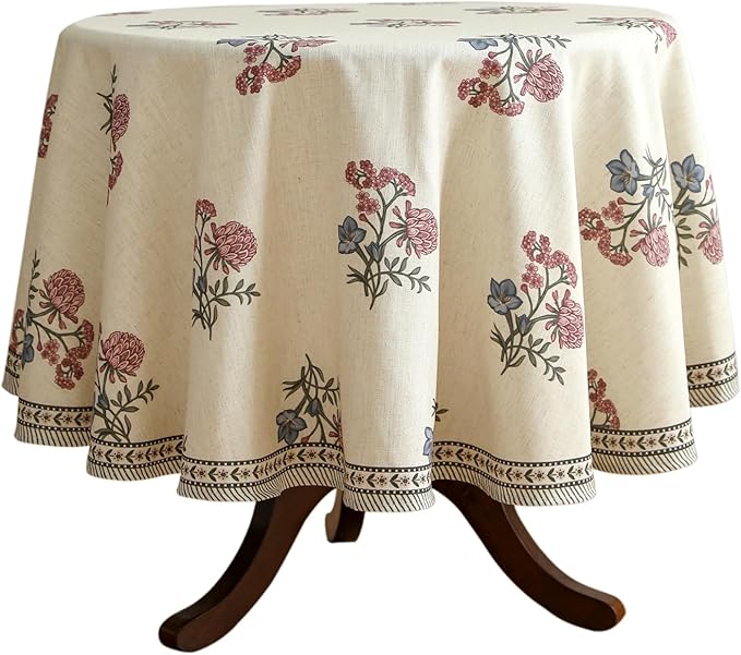 French Tablecloth for Round Tables,Linen Table Cloth with Colorful Flowers Pattern,Heavy Durable Table Cover for Dining Thanksgiving Kitchen Decor Party Christmas,Diameter 67"