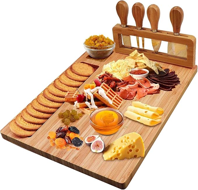Bamboo Cheese Board Set, Cheese Tray, Charcuterie Board and Serving Meat Platter with 4 Stainless Steel Cheese Knives, Ideal for Wedding Gifts Christmas Birthday Party (14''x11'')