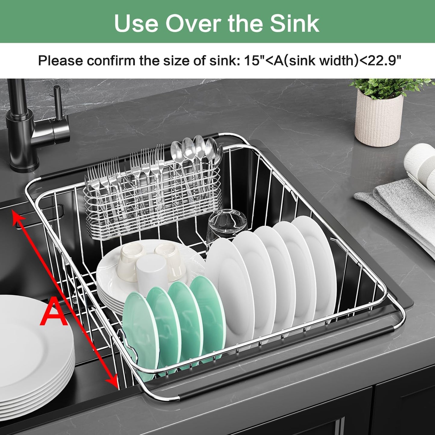 Large Dish Drainer Rack in Sink Adjustable, Expandable 304 Stainless Steel Metal Dish Drying Rack Organizer with Stainless Steel Utensil Holder Over Inside Sink Counter, Rustproof