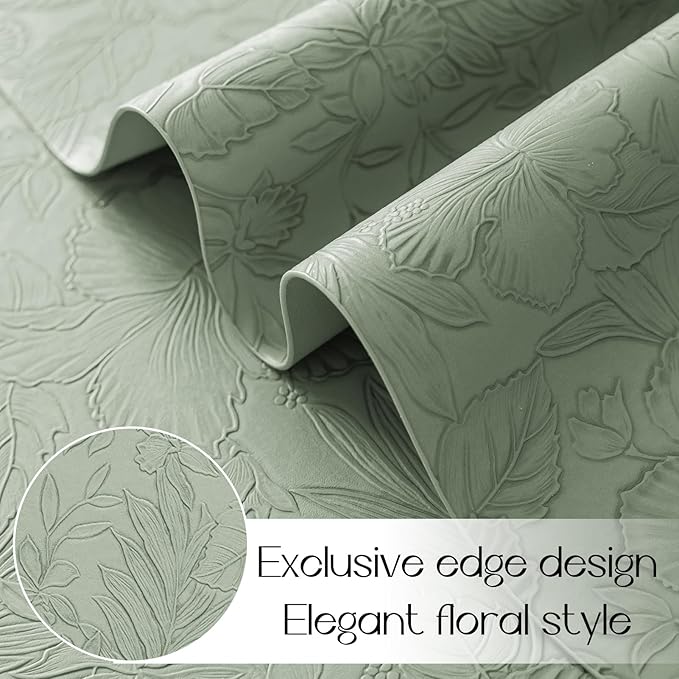 Romanstile Vinyl Placemats Set of 6-12 X 18 Inch - Heat Resistant Non-Slip Embossed Floral Place Mats 100% Waterproof Oilproof Wipeable Faux Leather Table Mats for Kitchen/Dining/Party, GrassGreen