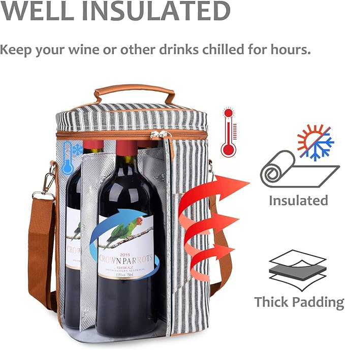 Tirrinia 4 Bottle Wine Gift carrier - Insulated & Padded Portable Versatile Wine Carrying Cooler Tote Bag for Travel, BYOB Restaurant, Wine Tasting, Party, Great Gift for Wine Lover, Black Stripe