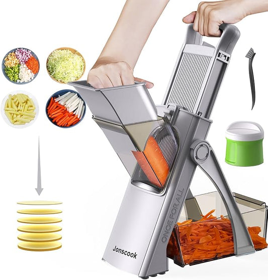 All-in-1 Upgraded Safe Mandoline Slicer for Kitchen, with Handheld Spiralizer, Food Chopper with Container, Thickness Adjustable Vegetable Chopper, Potato French Fry Cutter (High-grade Gray)