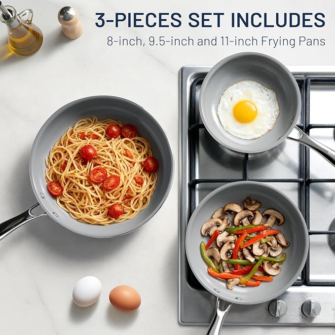 Kikcoin Ceramic Nonstick Frying Pan Skillets - 3 Sizes Omelette Pans for Healthly Cooking, 8+9.5+11 Inch Egg Pan with Stay Cool Handle, Free of PFAS PFOA PTEE, Oven/Dishwasher Safe for Busy Kitchen