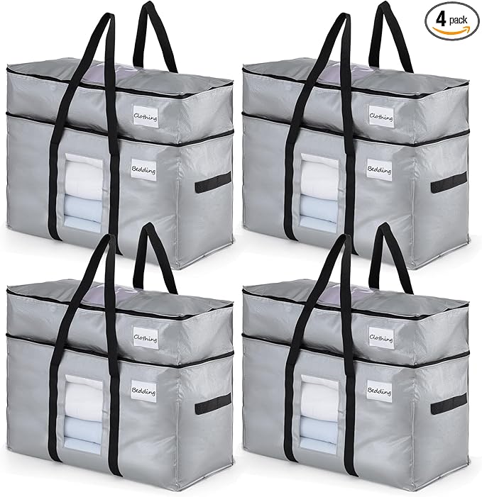 TAILI 2 Tier Extra Large Moving Bags, 4 Pack Silver Heavy Duty Totes for Storage with Visible Window, Wrap Around Handles, Storage Bags for Space Saving, Alternative to Moving Boxes
