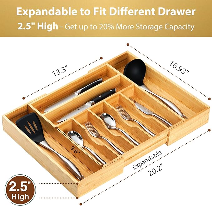 Umilife Large Expandable Kitchen Silverware Utensils Drawer Organizer, 2.5" Extra High Adjustable Drawer Divider with Curved Grooves, Bamboo Wood Cutlery Tray Flatware Holder