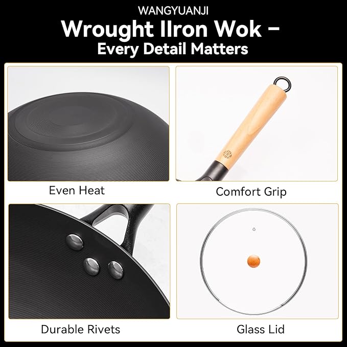 WANGYUANJI 12.6 Inch Flat Bottom Iron Wok with Glass Lid and Wooden Handle, Non-Coated, Naturally Nonstick Stir Fry Pan for Gas, Electric & Induction Stovetops