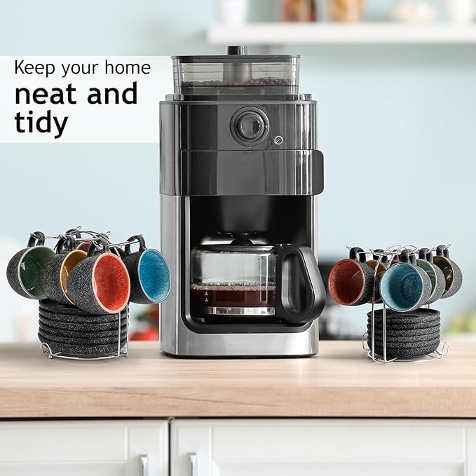 MIAMIO – 2.7 Oz Ceramic Stackable Espresso Cups with Saucers and Metal Stand, Set of 6 Espresso Cup, Demitasse Cups, Coffee Mugs for Espresso, Latte, Café Mocha & Tea – Las Palmitas Collection