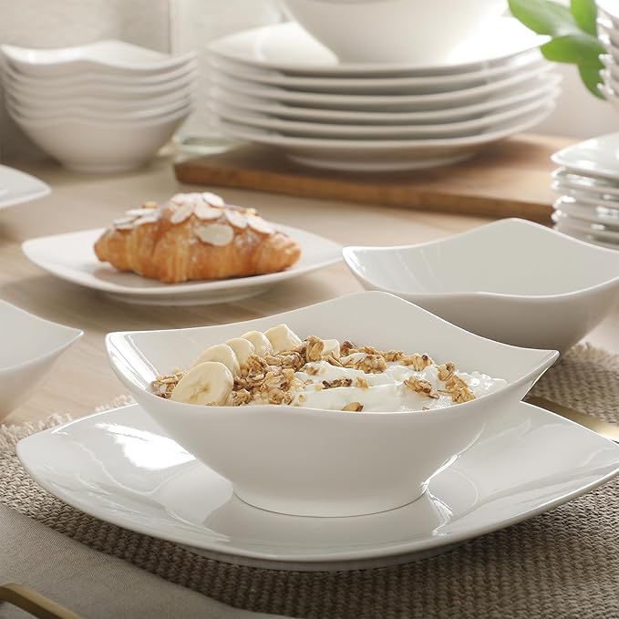 Gibson Home Brentwood 40-Piece Dinnerware Set – Square White Porcelain Plates and Bowls, Service for 8, Dishwasher & Microwave Safe, Modern Everyday Dinner Set with Cereal, Dessert, and Entrée Bowls